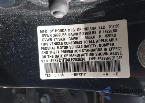 2020 Honda Civic Ex from USA, damaged, VIN 19XFC1F34LE203834